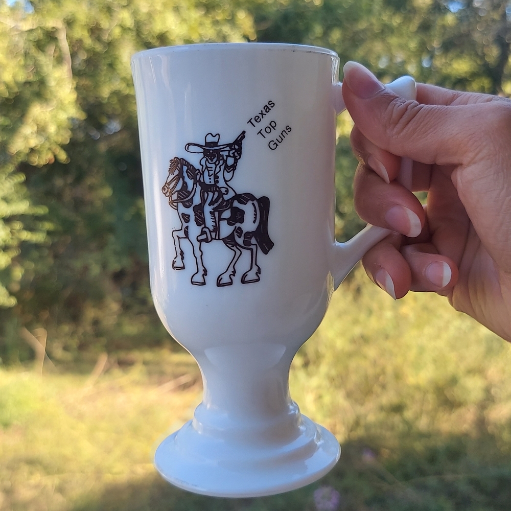 Texas Top Guns Vintage Milk Glass Footed Coffee Mug Horse and Cowboy Decoration